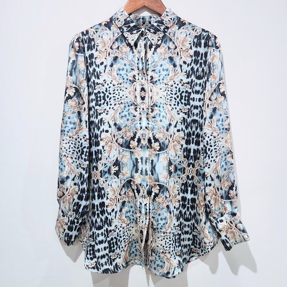 Chico's Womens Satin Blue Scroll Ice Sage Tunic Button Up Blouse Size 1 8/10 - Picture 1 of 10